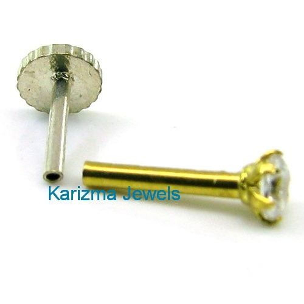 Indian Style Single Stone CZ Studded Body Piercing Jewelry Nose Stud Pin Solid Real 14k Yellow Gold