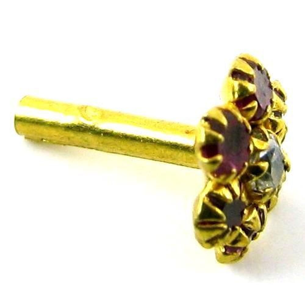 Indian Style Designer  Red CZ Body Piercing Jewelry Nose stud Pin Solid Real 14k Yellow Gold