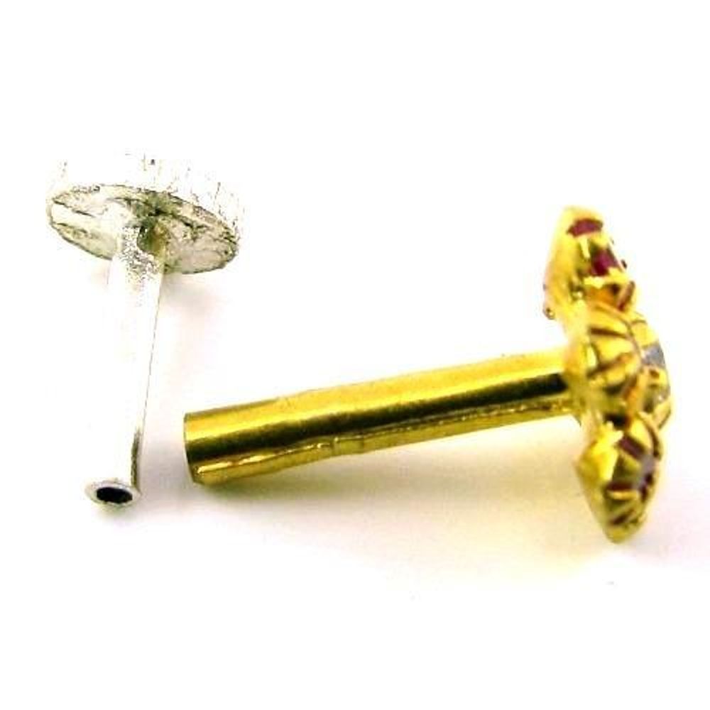 Indian Style Designer  Red CZ Body Piercing Jewelry Nose stud Pin Solid Real 14k Yellow Gold