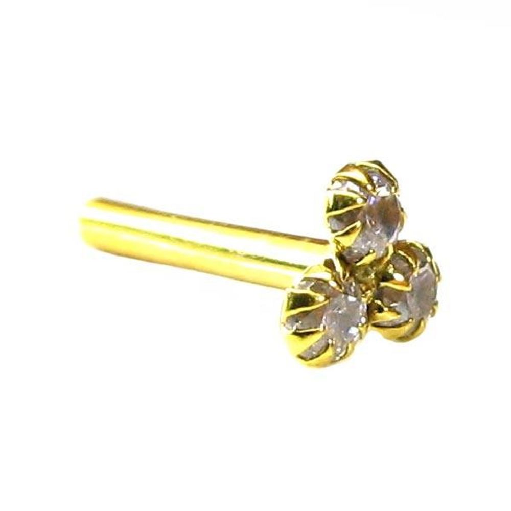 Three White Stone Real Gold Piercing Nose Stud in 14k Real Gold 