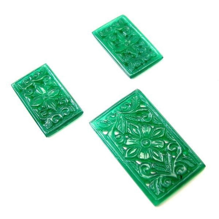 Green Onyx Matched 3pc Set Stone Carving Mughal style Flower Hand Carved - ET