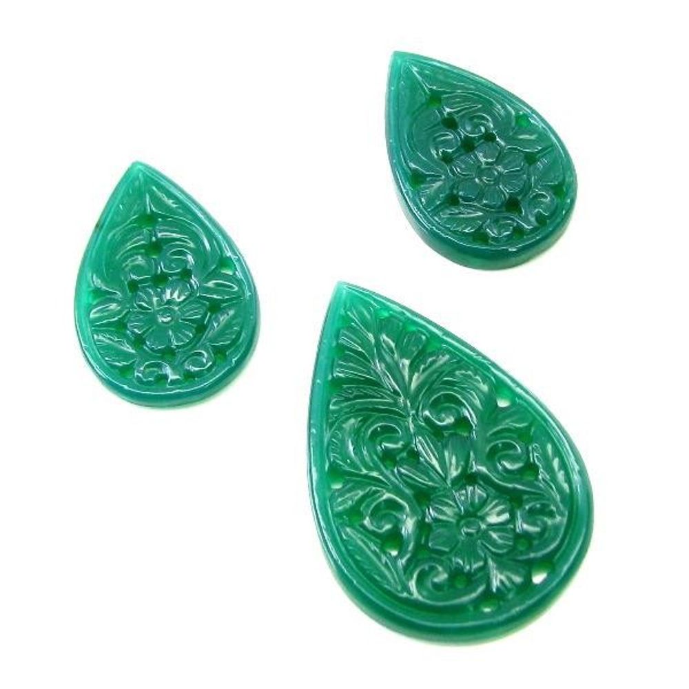 Green Onyx Matched 3pc Set Stone Carving Mughal style Flower Hand Carved - ET