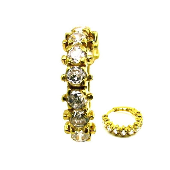 Indian Style CZ Studded Nose hinged Hoop Ring 14k Solid Real Gold Jewelry 22g