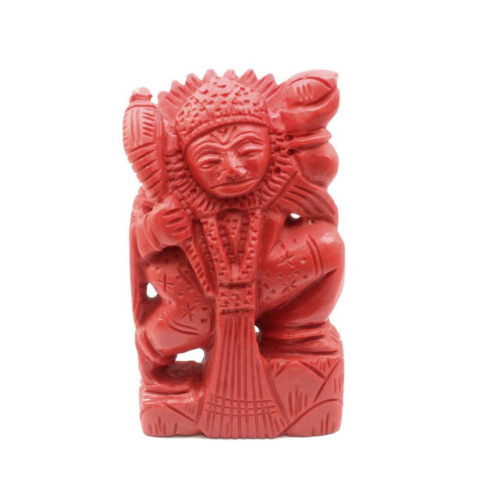 Red Coral Carved Lord Hanuman God Statue Idol Religious