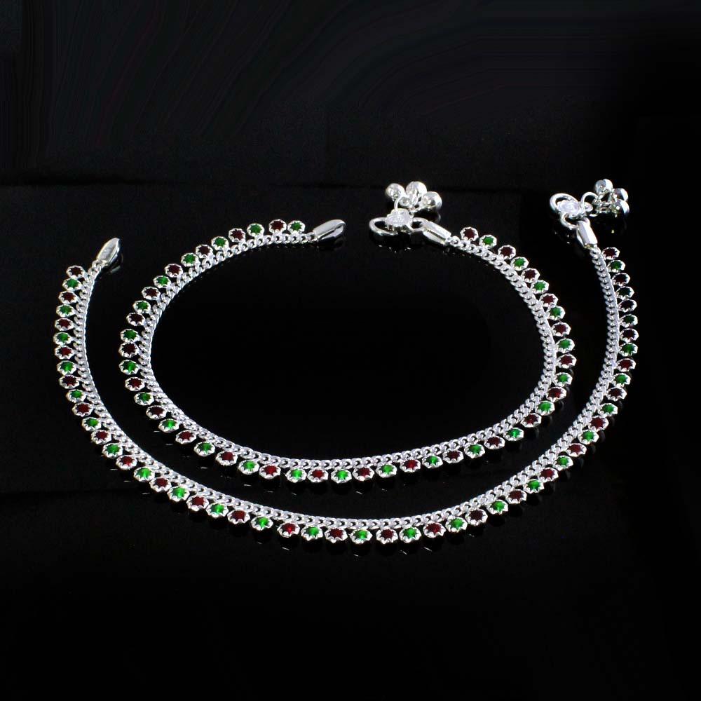 Cute women Style Real Silver Red Green CZ Anklets for Women 10.5"