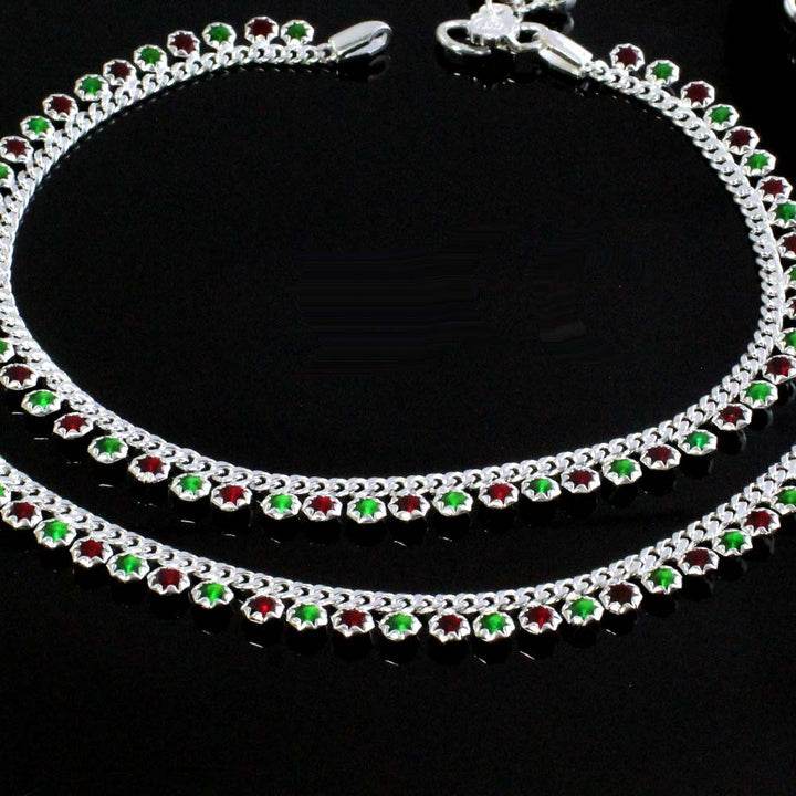 Cute women Style Real Silver Red Green CZ Anklets for Women 10.5"