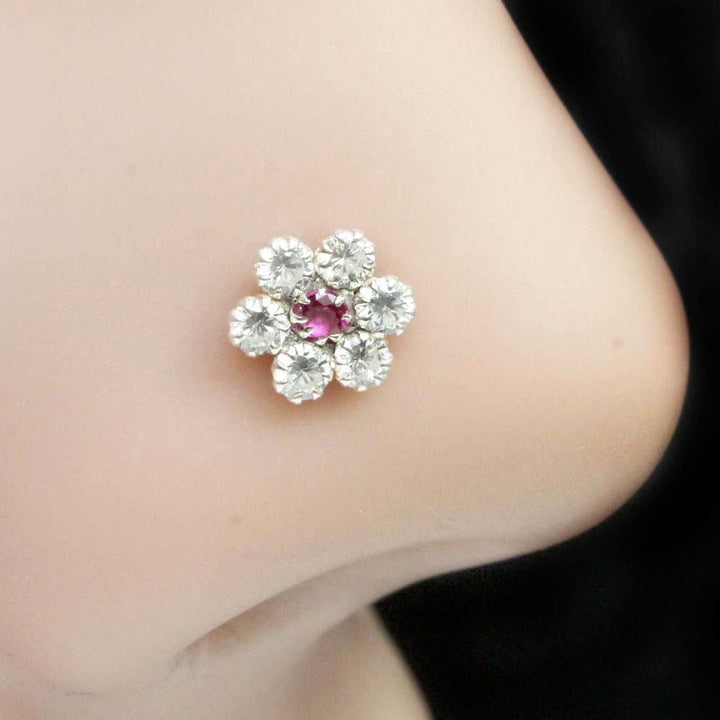 Ethnic 925 Sterling Silver Pink White CZ Indian Nose ring Push Pin