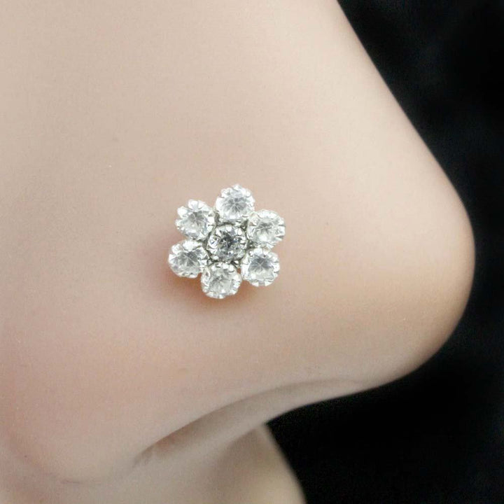 Floral 925 Sterling Silver White CZ Indian Nose ring Push Pin