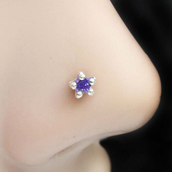 Indian 925 Sterling Silver Purple CZ Indian Screw Nose ring