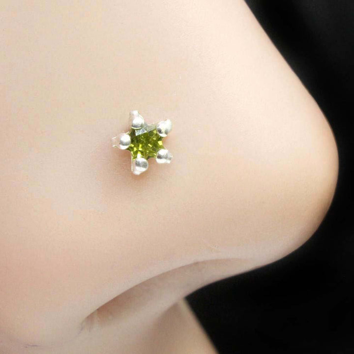 Indian 925 Sterling Silver Green CZ Indian Screw Nose ring