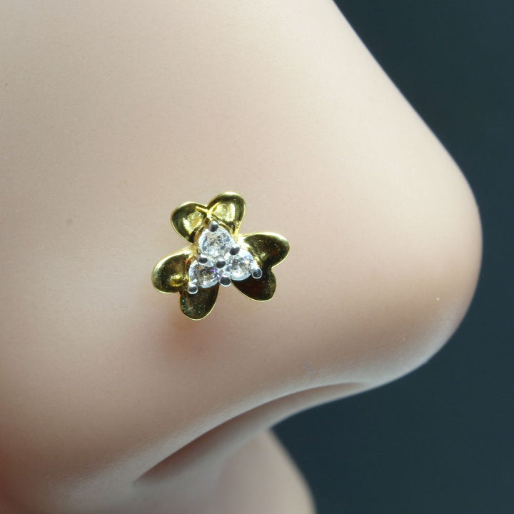 Floral Real Gold White CZ Piercing Nose Stud Nose Pin Solid 14k Yellow Gold