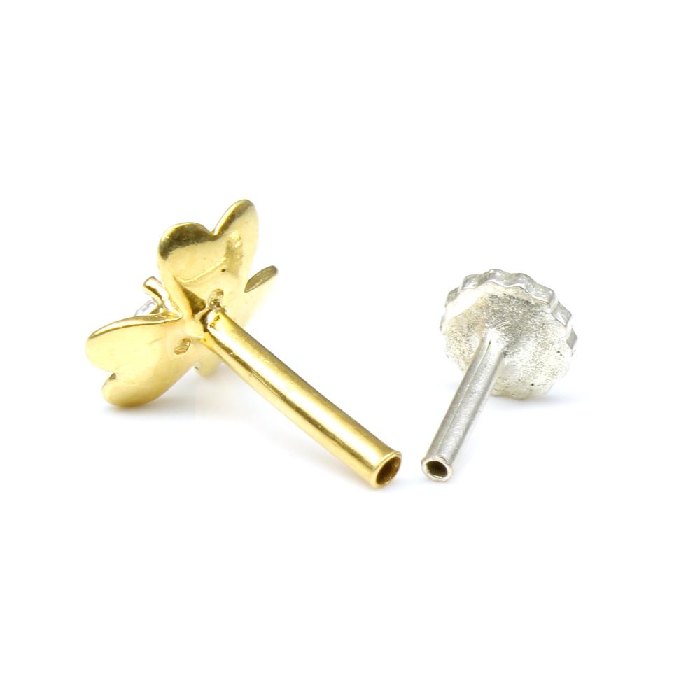 Floral Real Gold White CZ Piercing Nose Stud Nose Pin Solid 14k Yellow Gold
