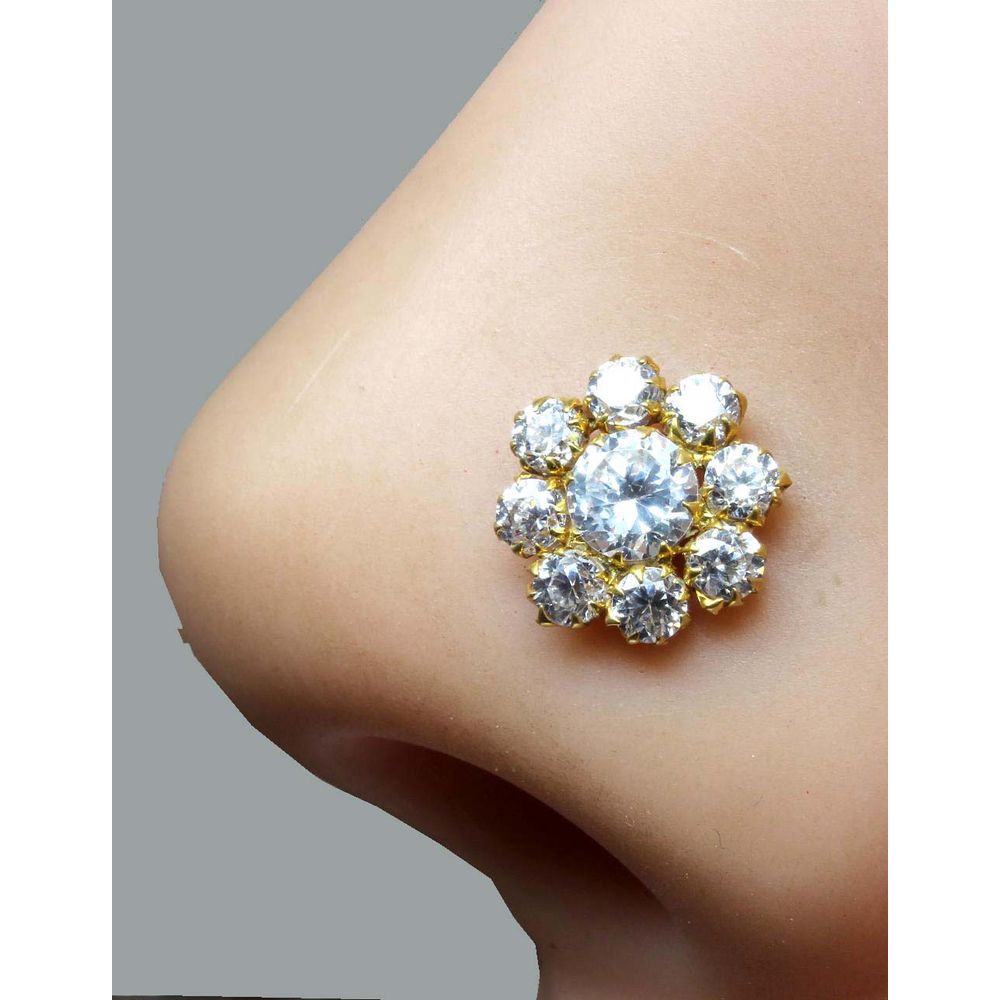 Daisy Real Gold Nose stud 14K Ethnic White CZ Indian piercing nose ring Push Pin