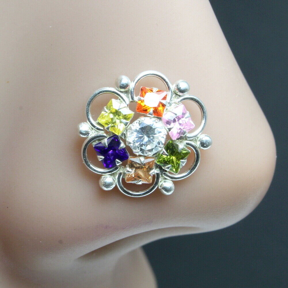 Wedding Real Silver Multi-color CZ Nose ring Push Pin