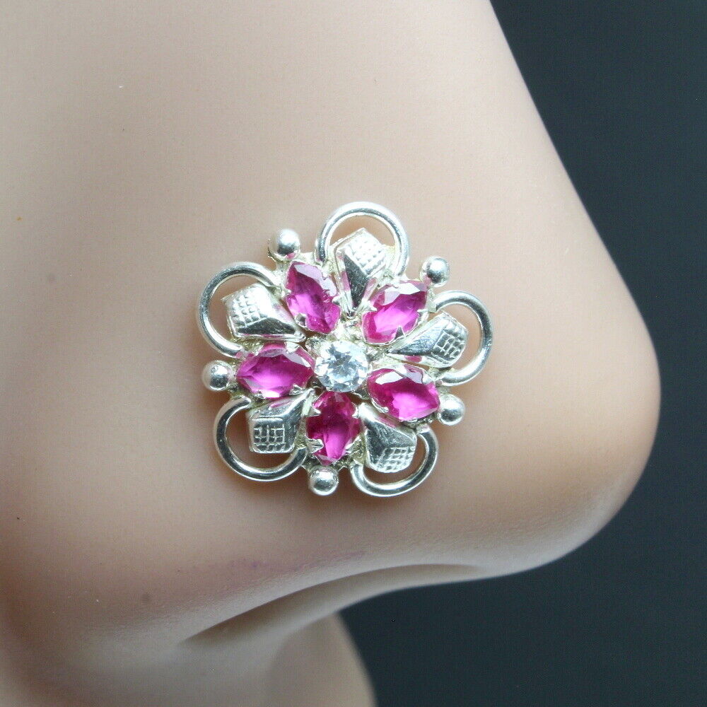 Big 925 Sterling Silver Pink White CZ Studded Indian Nose ring Push Pin