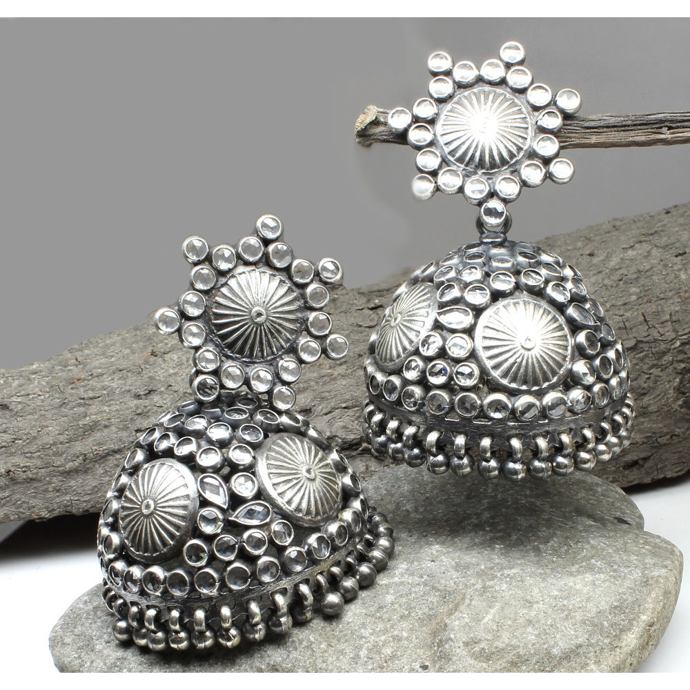 Antique-Style-Ethnic-Indian-Jhumka-Dangle-Earrings-925-Sterling-Silver