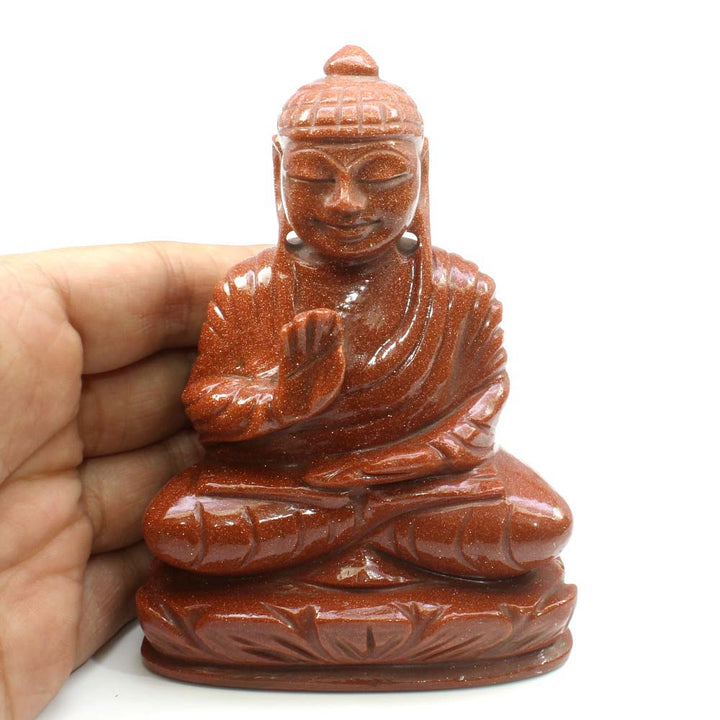 1420Ct Goldstone Sunstone Carved Lord Buddha Art Work Sculpture