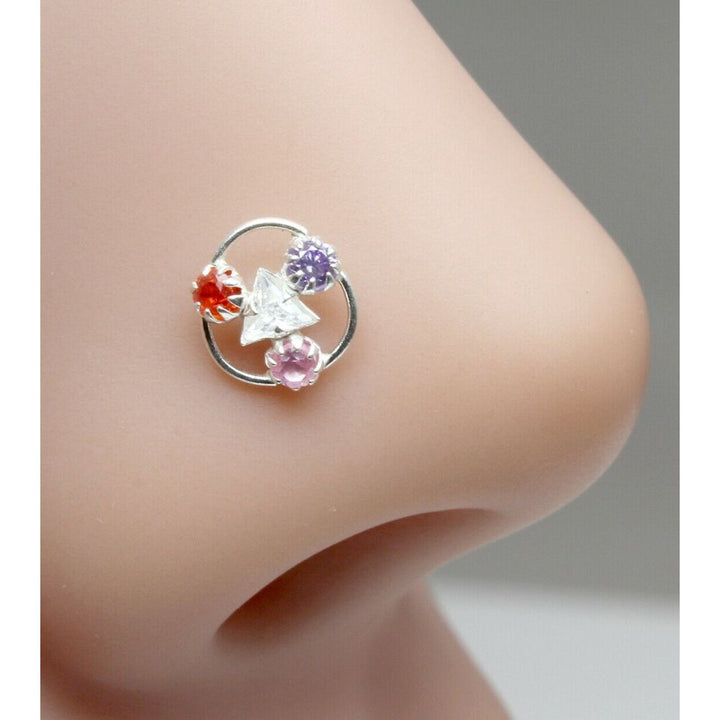 Ethnic Indian 925 Sterling Silver Multi-color CZ Indian Nose ring Push Pin