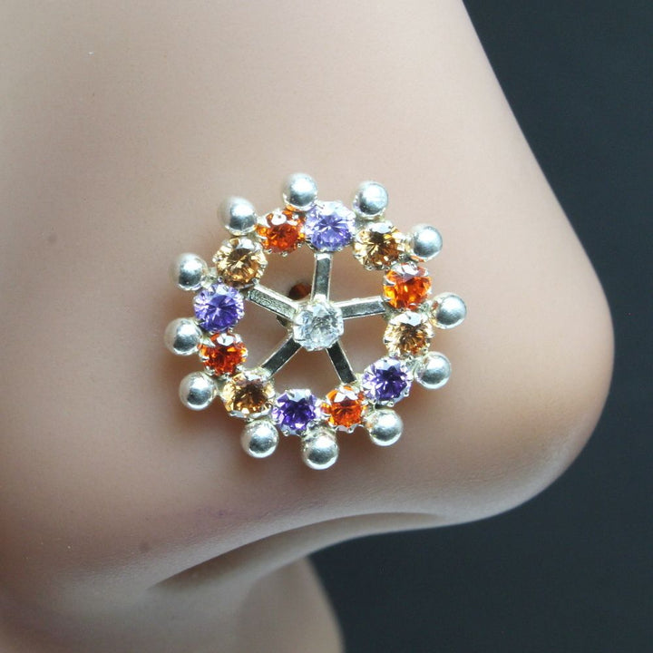 Wheel Indian 925 Sterling Silver Multi-color CZ Nose ring Push Pin