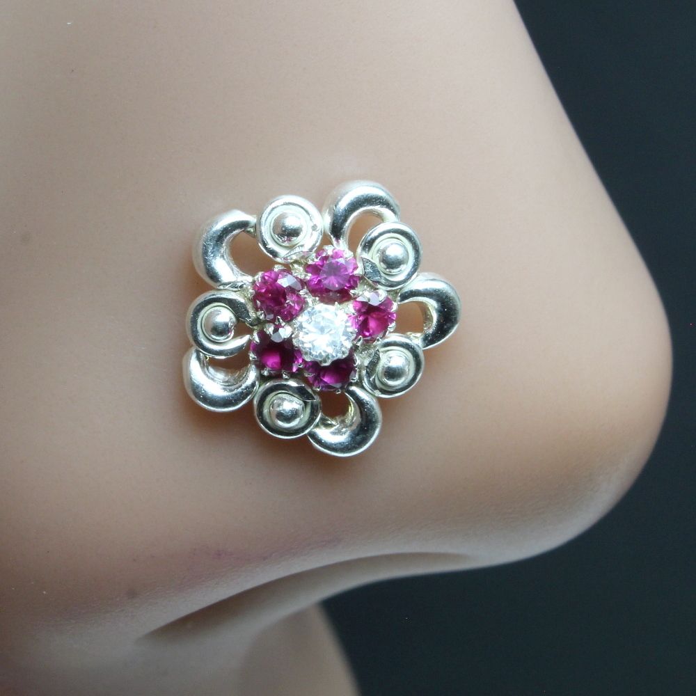 Ethnic Indian 925 Sterling Silver Pink White CZ Medusa Nose ring Push Pin