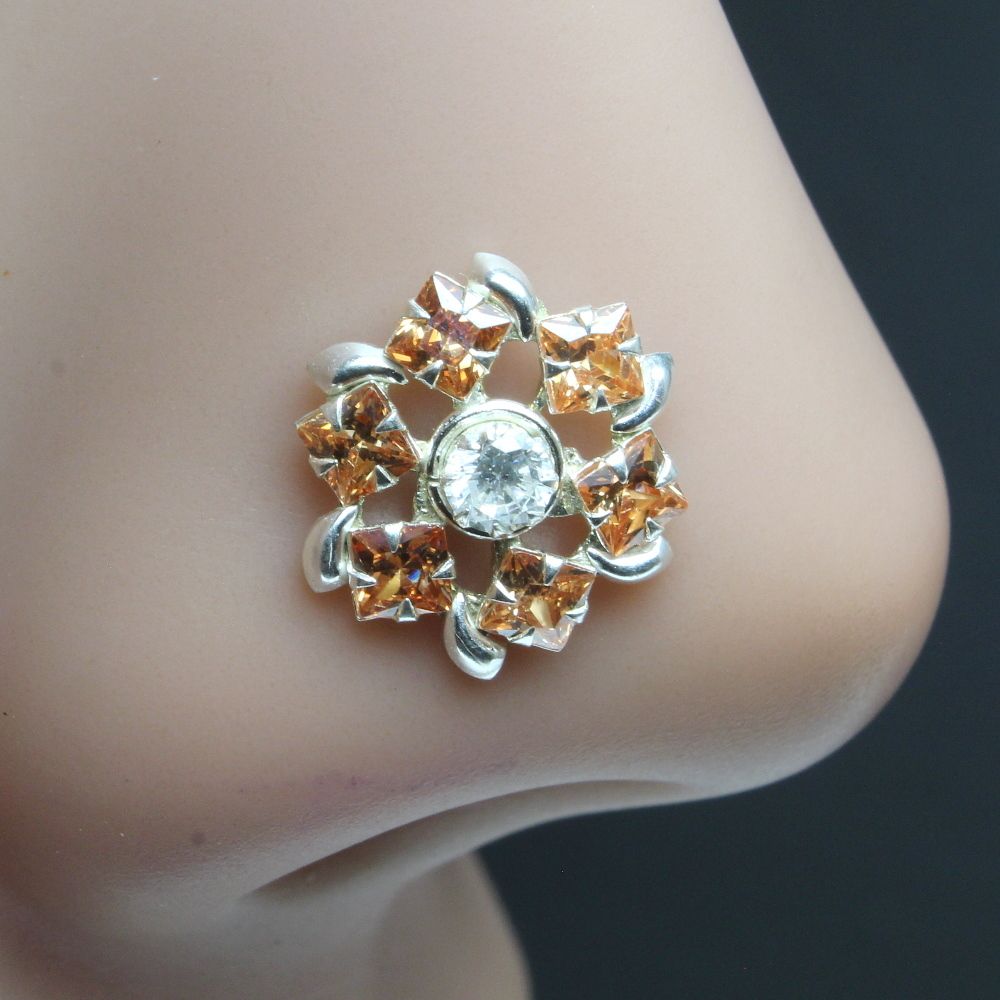 Marigold Indian Sterling Silver Brown White CZ Studded Nose ring Push Pin
