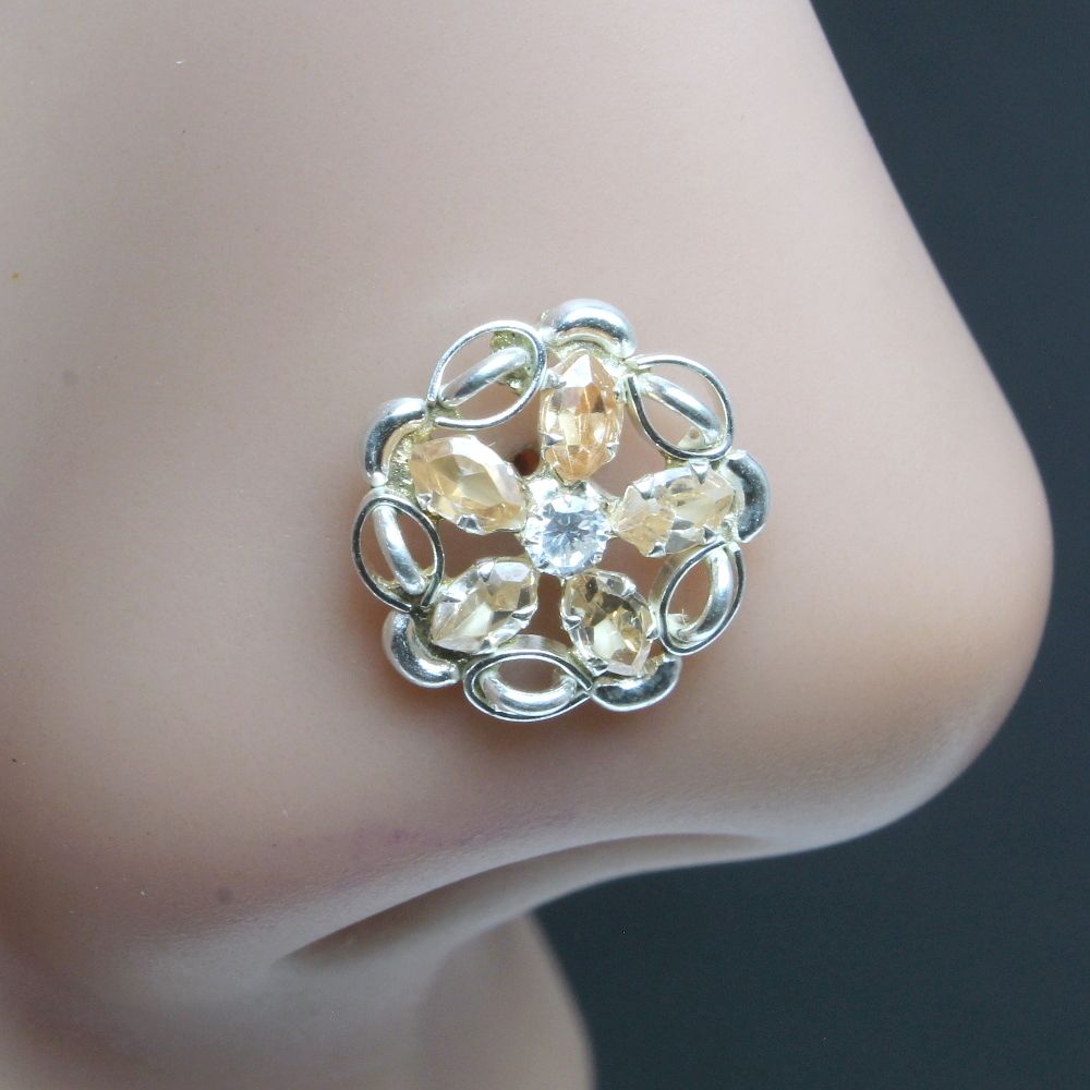 Ethnic Indian Sterling Silver Brown White CZ Studded Nose ring Push Pin