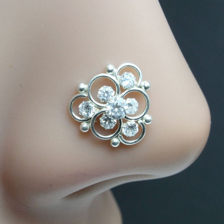 Indian 925 Sterling Silver White CZ Studded Nose ring Push Pin