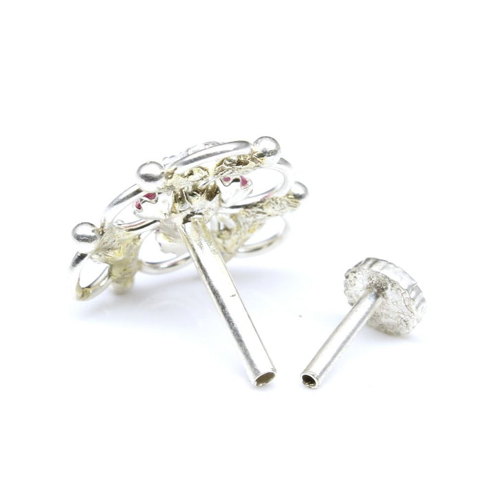 Ethnic Indian 925 Sterling Silver Pink White CZ Studded Nose ring Push Pin