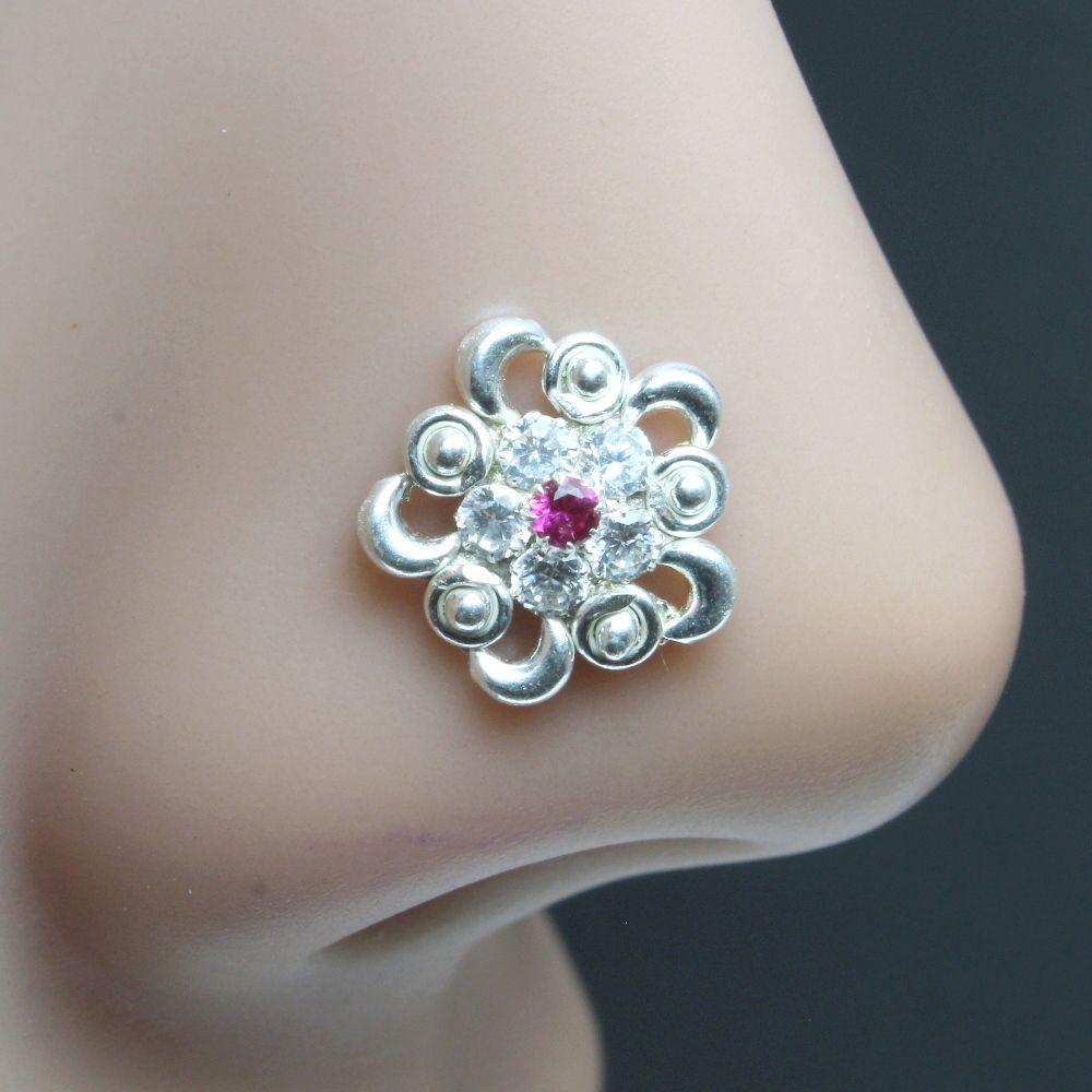 Ethnic Indian 925 Sterling Silver Pink White CZ Studded Nose ring Push Pin