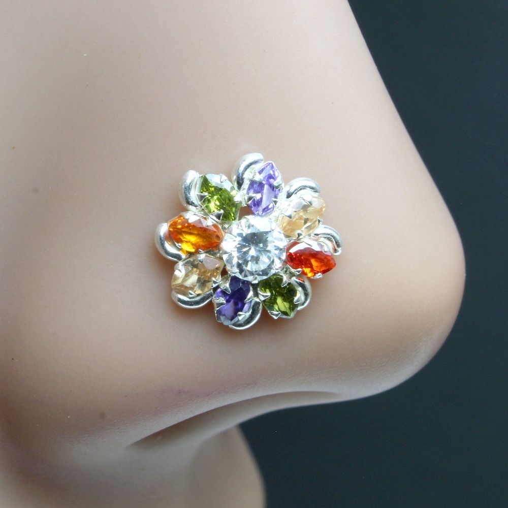 Ethnic 925 Sterling Silver Multi-color CZ Studded Nose ring Push Pin