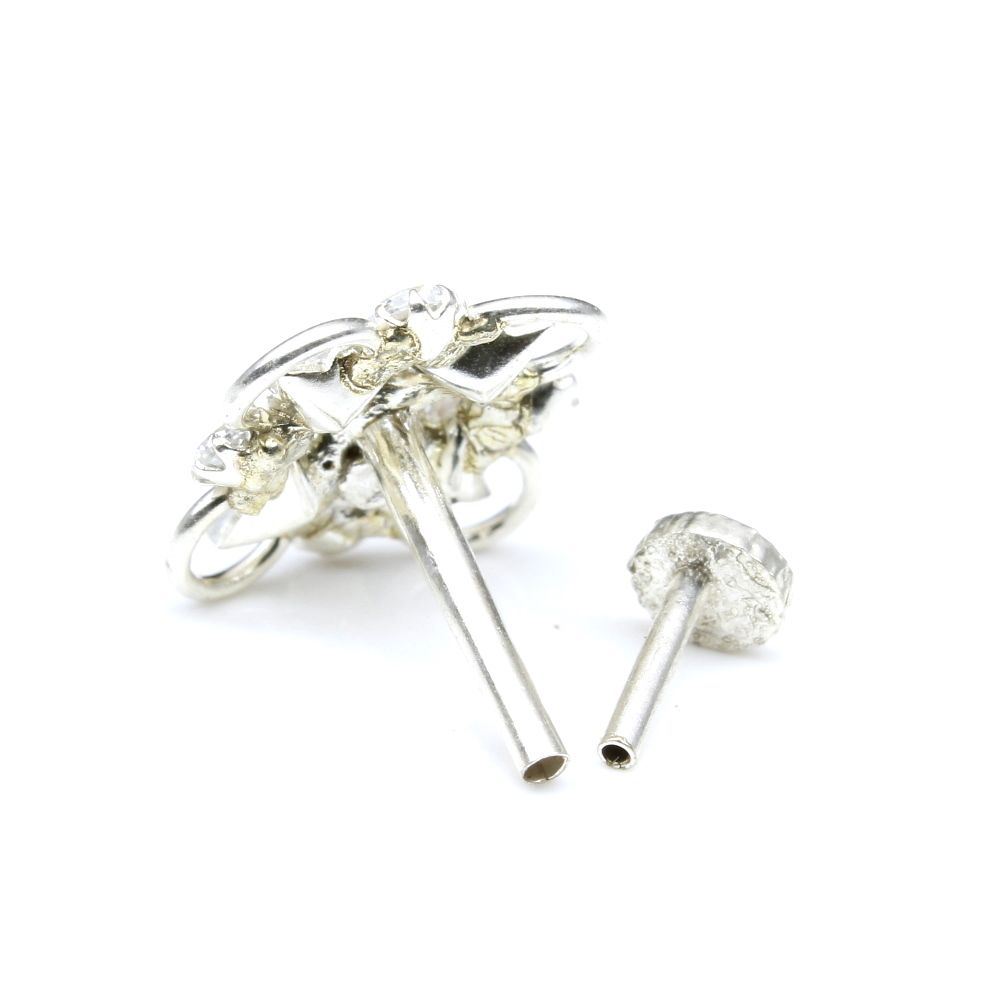 Ethnic Indian 925 Sterling Silver White CZ Studded Nose ring Push Pin