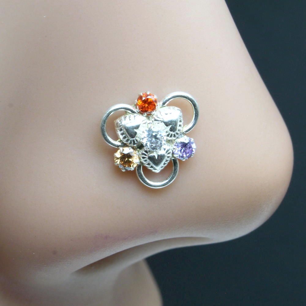 ethnic-indian-925-sterling-silver-multi-color-cz-studded-nose-ring-push-pin-10485