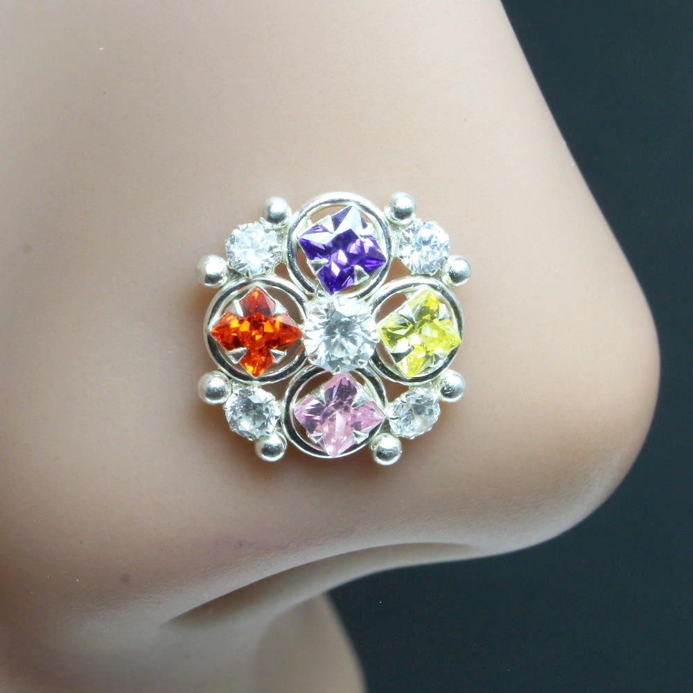 ethnic-indian-925-sterling-silver-multi-color-cz-studded-nose-ring-push-pin-10486