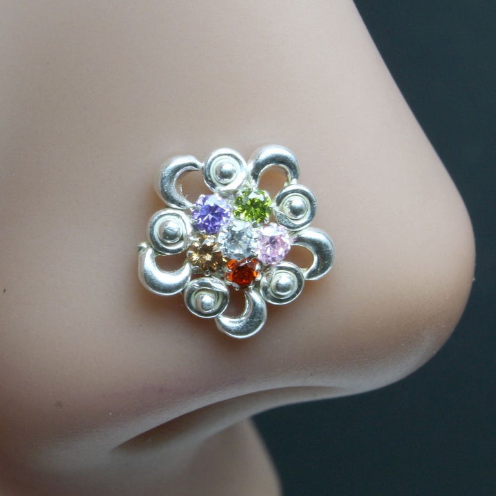 Medusa Indian 925 Sterling Silver Multi-color CZ Studded Nose ring Push Pin