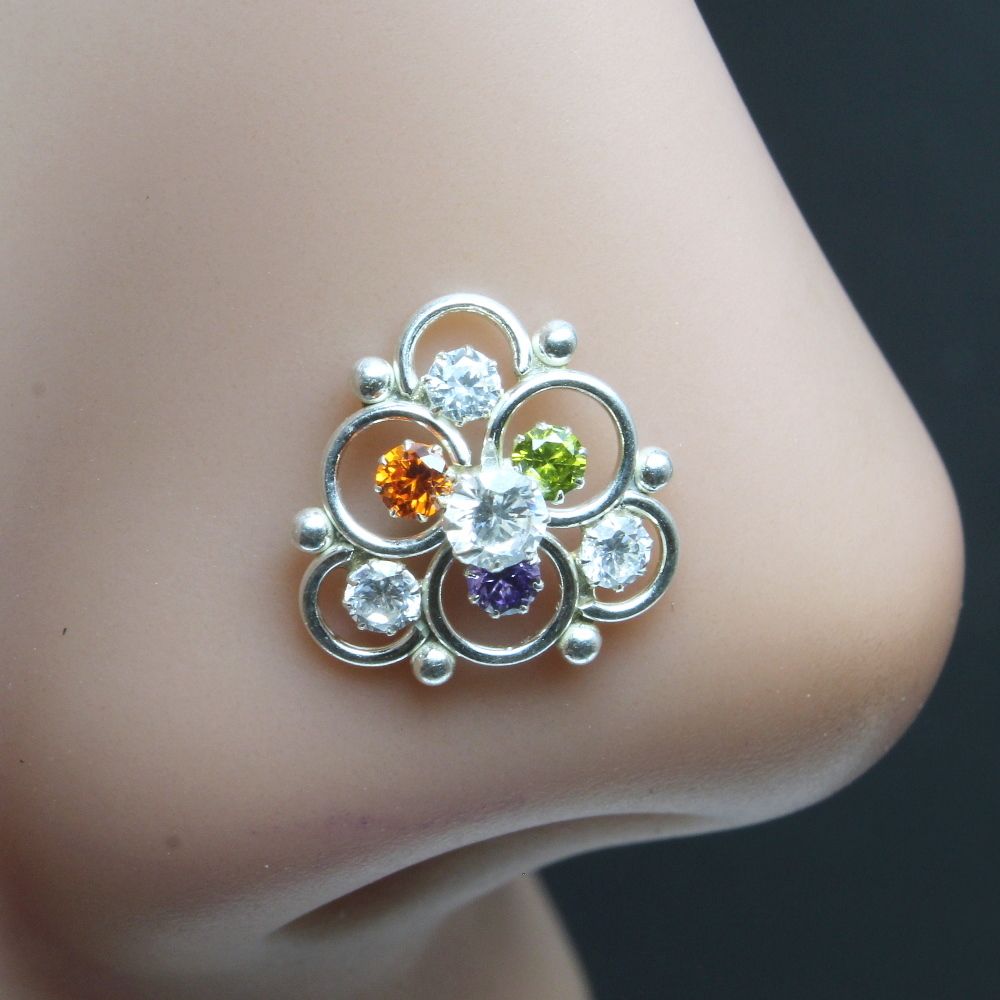 Ethnic Indian 925 Sterling Silver Multi-color CZ Studded Nose ring Push Pin