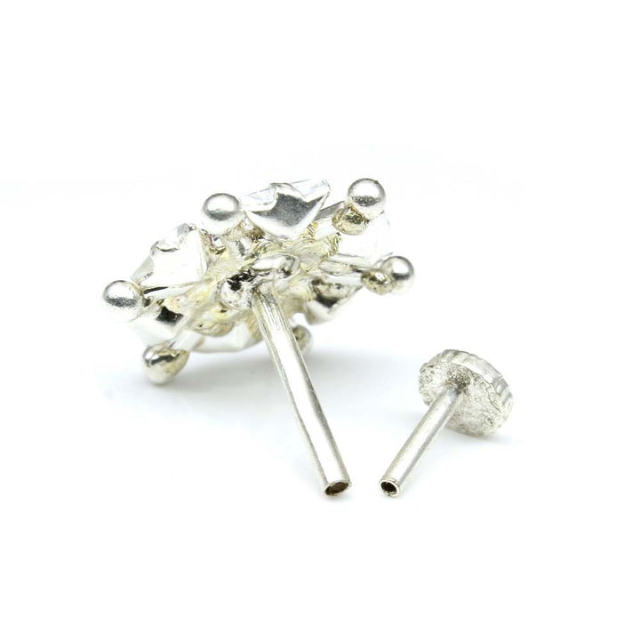 Hexagon Indian 925 Sterling Silver Pink White CZ Studded Nose ring Push Pin