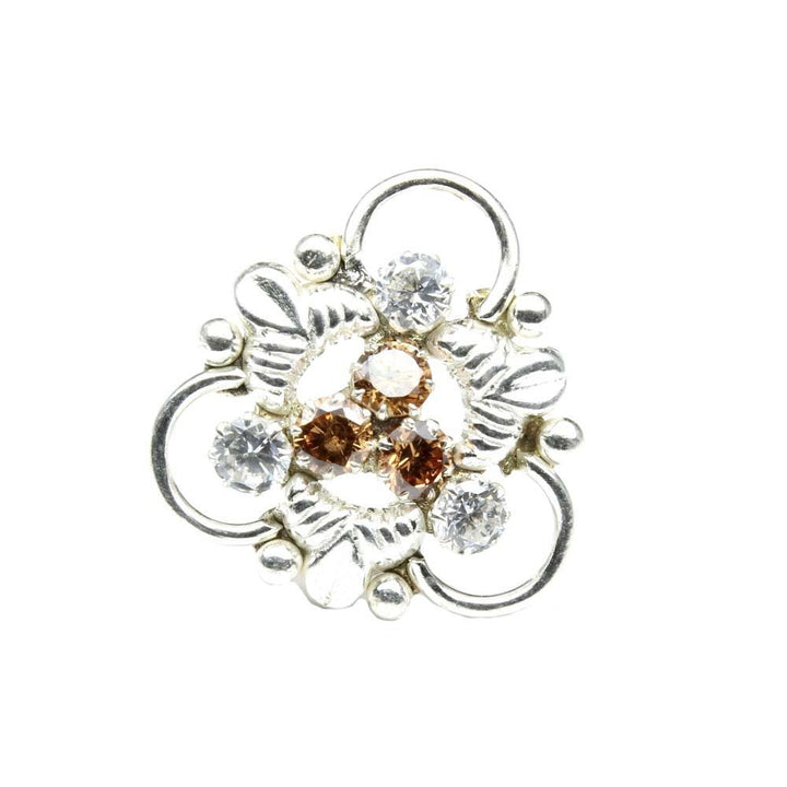 Ethnic Indian Sterling Silver Brown White CZ Studded Nose ring Push Pin