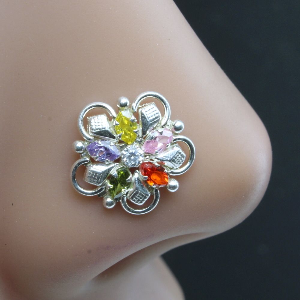Ethnic Indian 925 Sterling Silver Multi-color CZ Studded Nose ring Push Pin