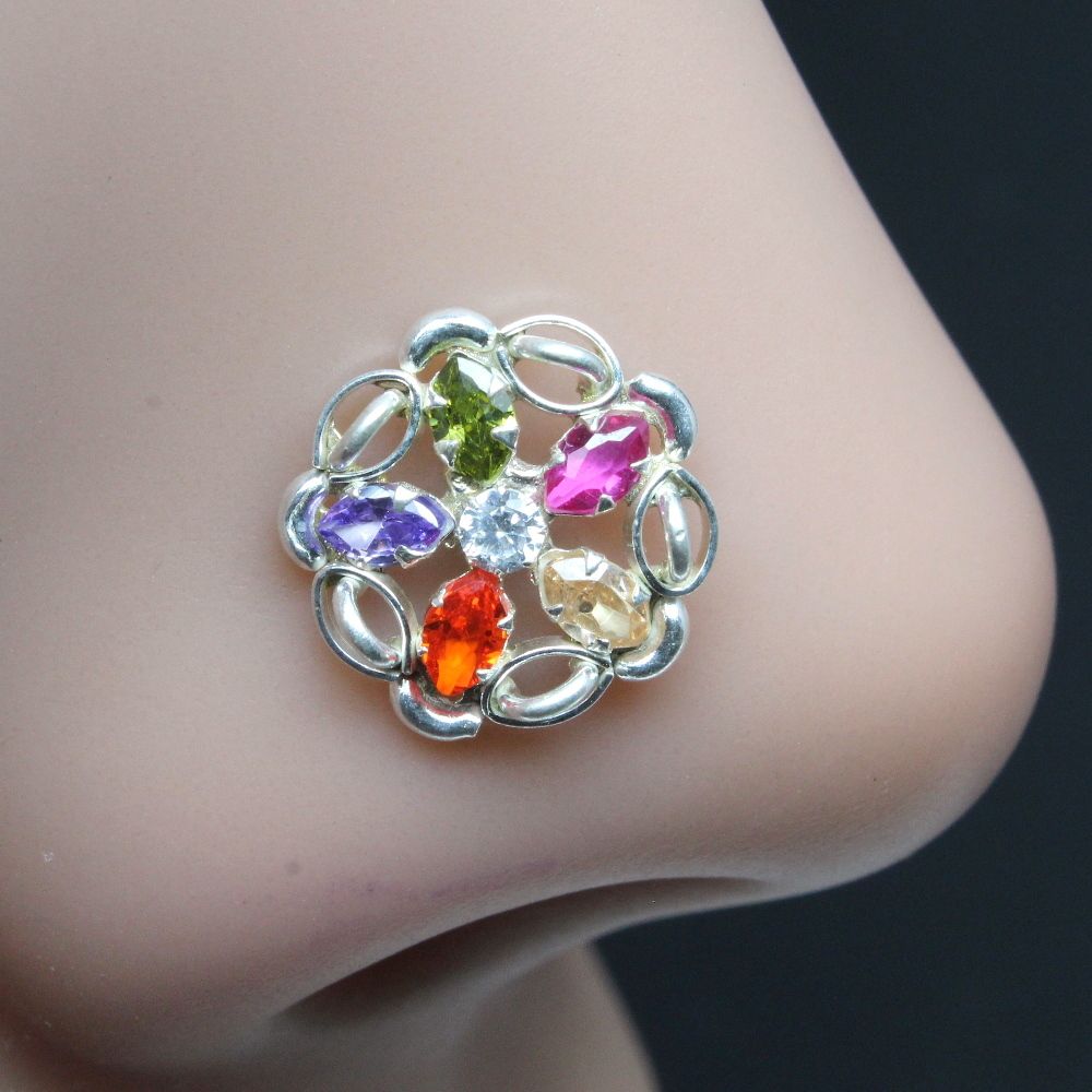 Ethnic Indian 925 Sterling Silver Multi-color CZ Studded Nose ring Push Pin