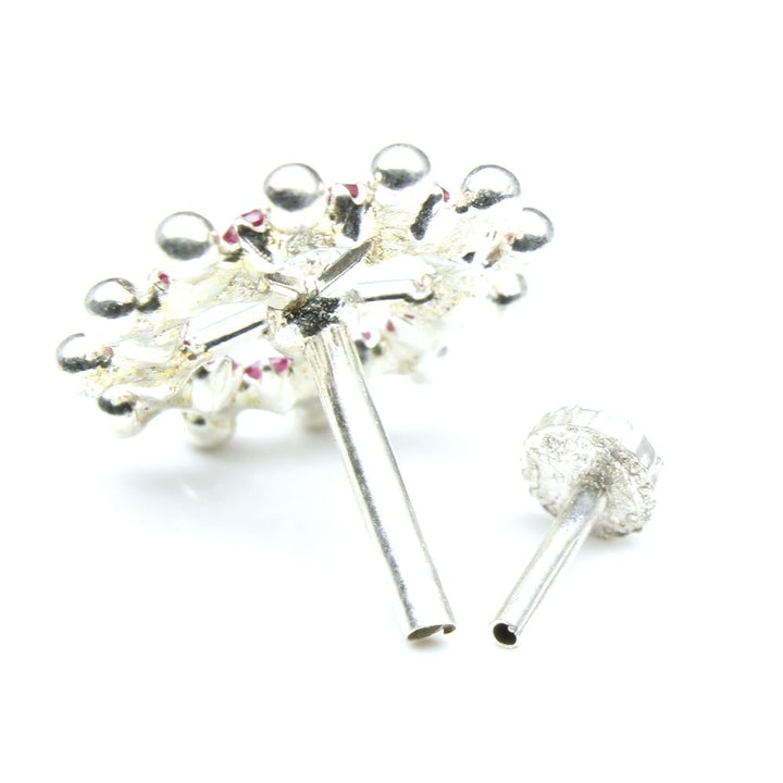 Indian 925 Sterling Silver Pink White CZ Studded Nose ring Push Pin