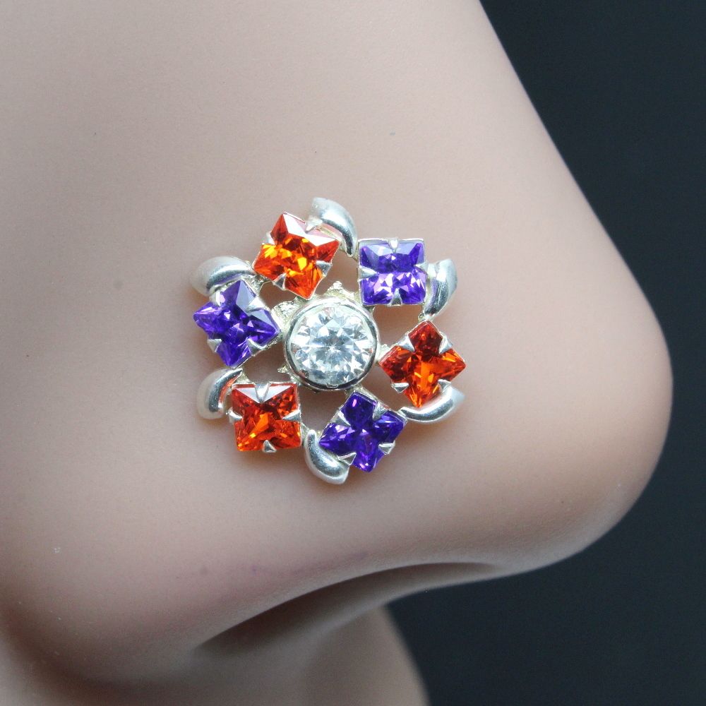 Indian 925 Sterling Silver Multi-color CZ Studded Nose ring Push Pin