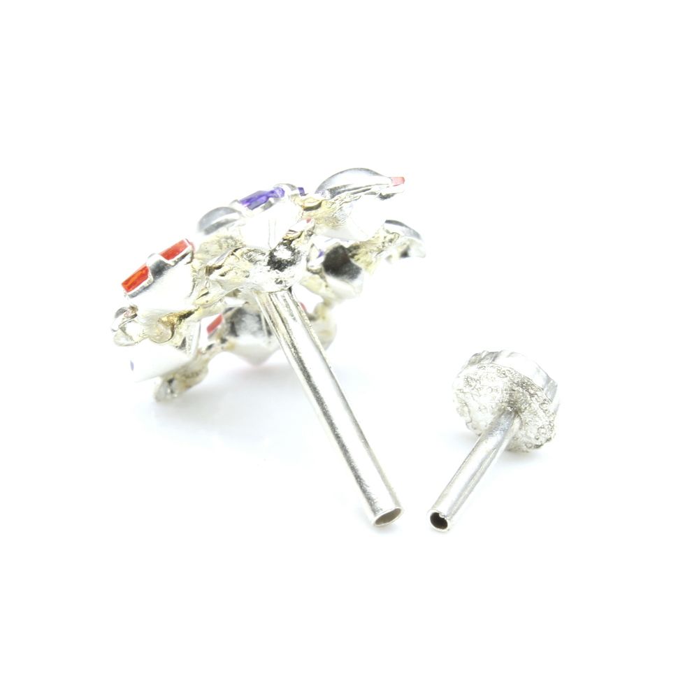 Indian 925 Sterling Silver Multi-color CZ Studded Nose ring Push Pin