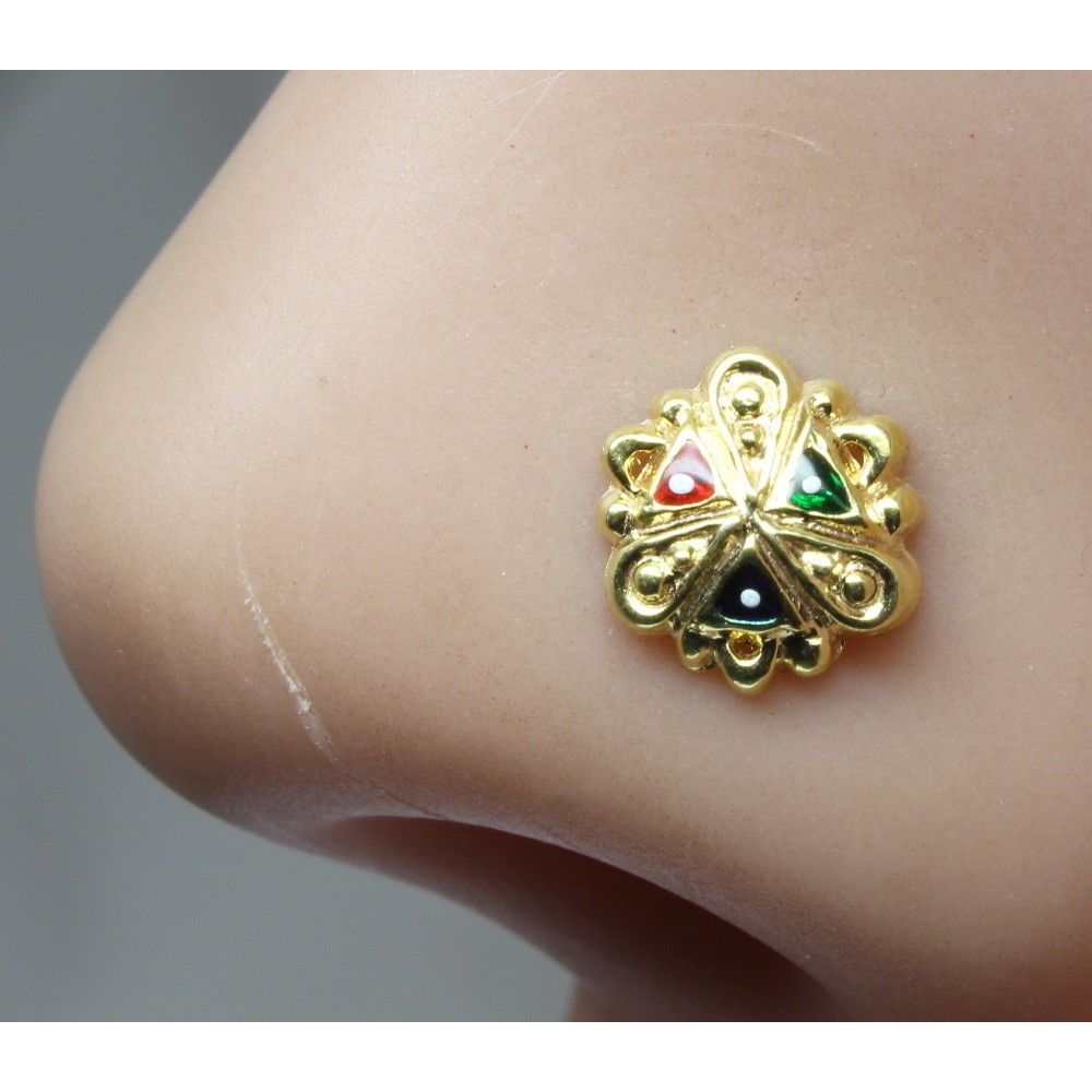 Indian Nose Stud, Gold plated nose ring, corkscrew piercing ring l bend