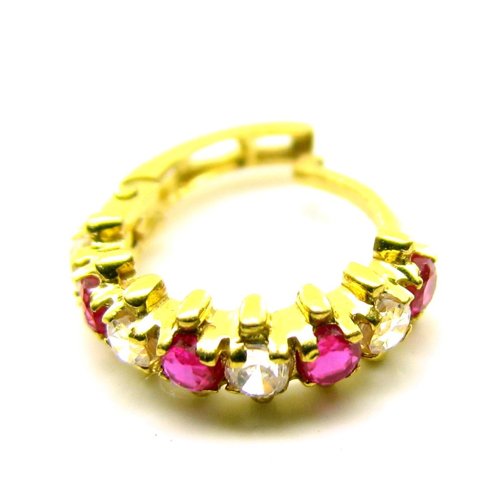 Nose Clicker Ring hinged hoop 14k Yellow Gold Pink White cz indian nose Piercing