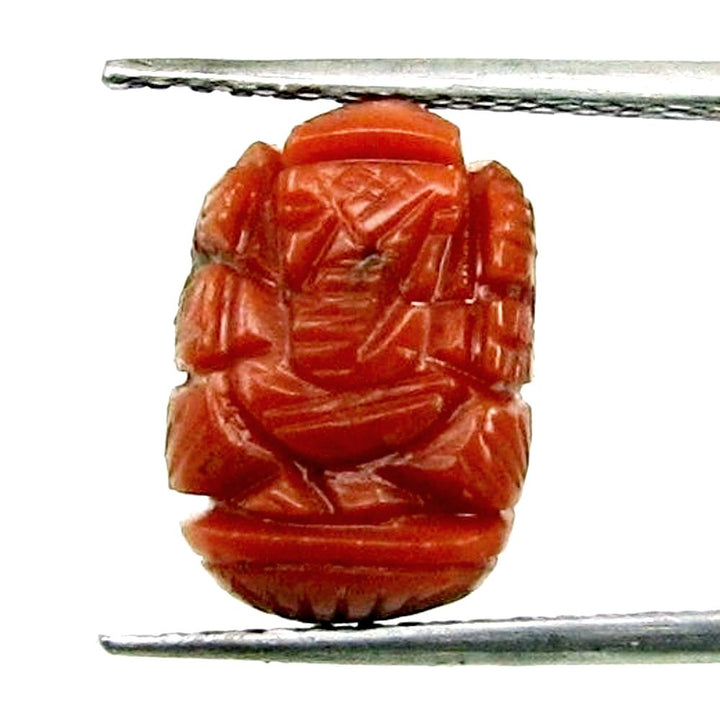 Certified 3.99Ct Real Italian Red Coral Carved Lord Ganesha God Statue Religious Idol