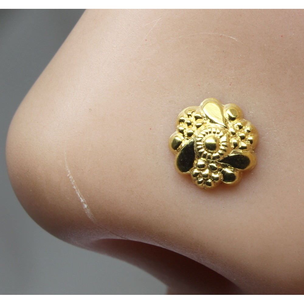 Ethnic Nose ring , Gold plated nose ring corkscrew piercing l shape stud 22g pin