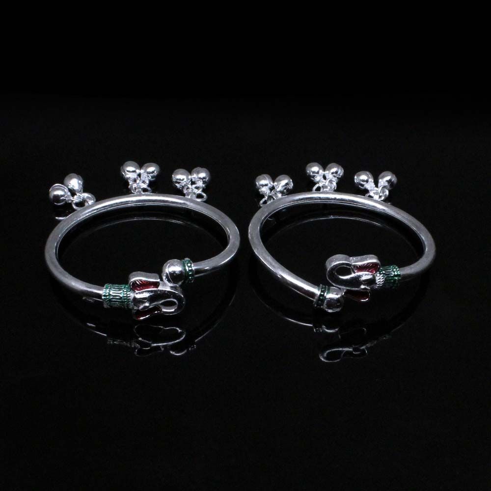 Elephant Face Baby Toddler silver Bangles Bracelet with Jingle Bells - Pair