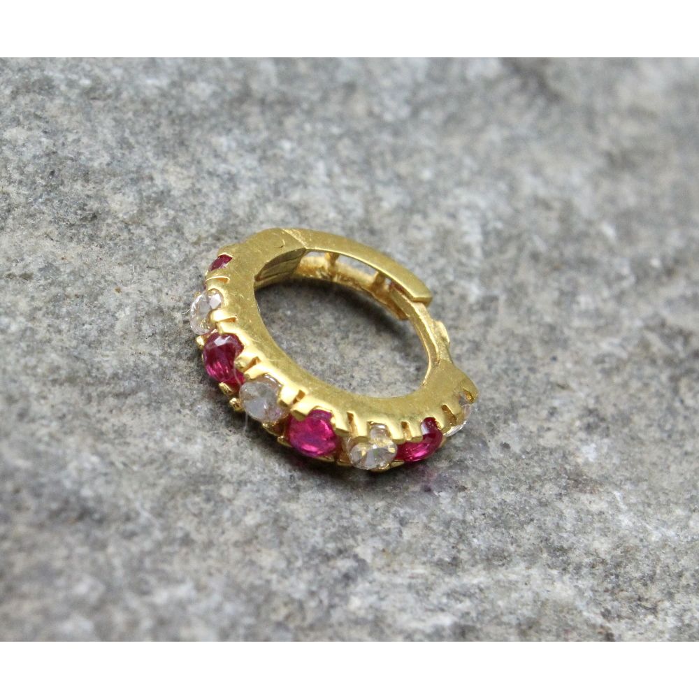 Handmade Real Gold Nose Ring with Pink And White Stones 