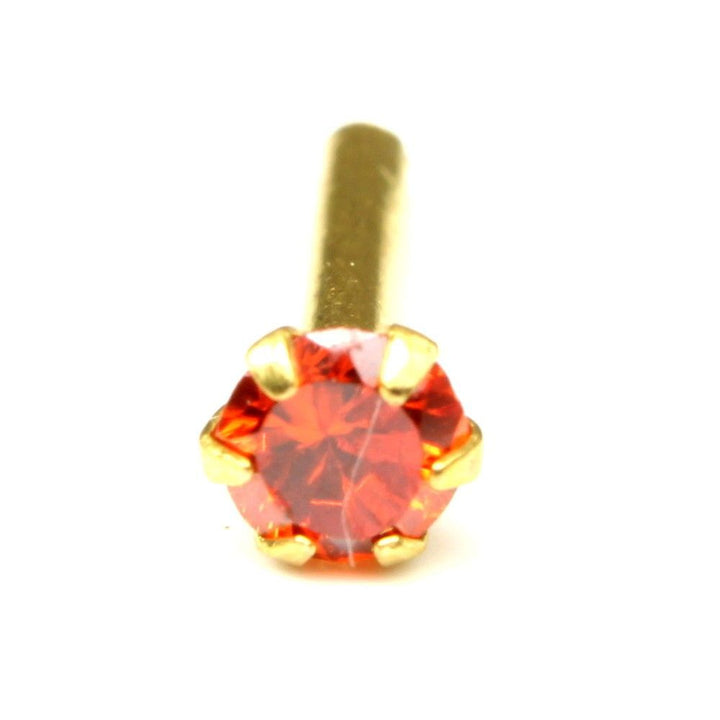 Real Gold Nose stud in 14K with Single Orange Color Stone 