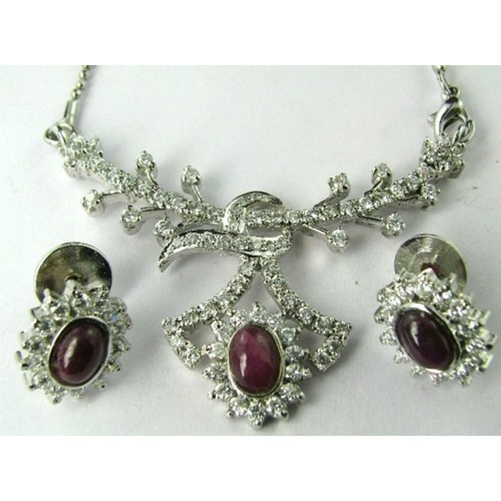 Classic CZ Real Ruby Studded Pendent Earring Set in Silver Finish Free Chain